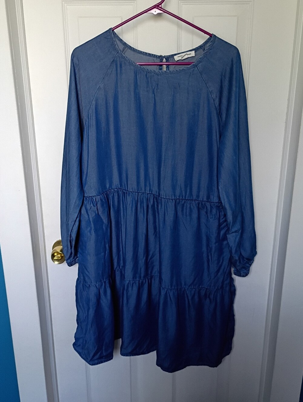 beachlunchlounge Blue Tiered Long-Sleeve Faux Denim Dress